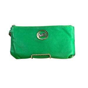 Michael Kors MK Green Leather Wristlet Clutch Gold Logo